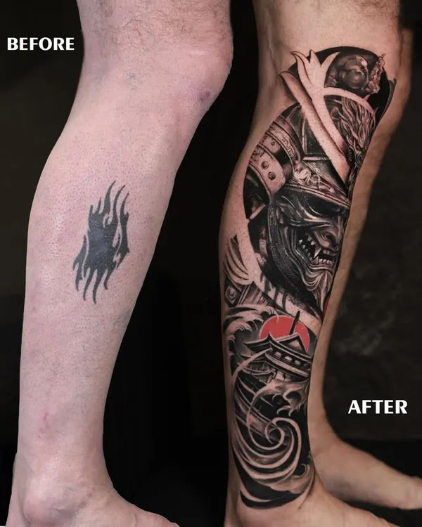 A complete leg transformation. We covered an old tribal flame tattoo with a full-scale Japanese samurai leg sleeve. The new design is so dynamic and detailed that the old ink simply vanishes.