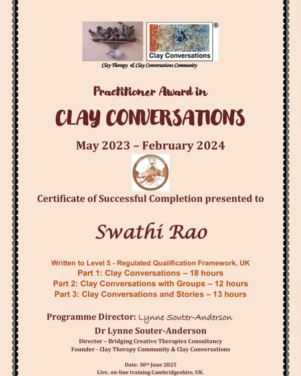 I was so proud to complete my Clay Conversations Practitioner Certificate. This journey has deepened my understanding of clay's therapeutic power and reinforced my commitment to blending creativity, connection, and care in my work.