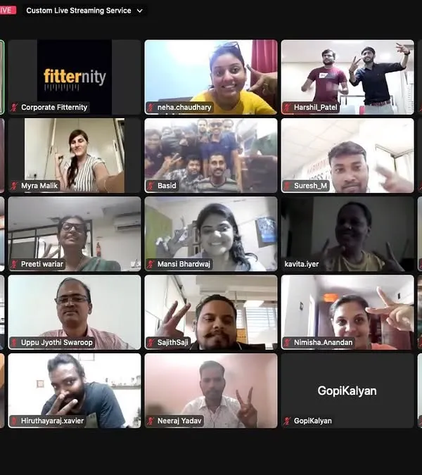 A screenshot from a corporate online session with Fitternity. It's always a pleasure to connect with and energize teams from all over India.