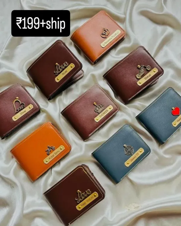 A showcase of the variety of personalized wallets I offer. You can see different colors, nameplate styles, and some of the many charms available to choose from.