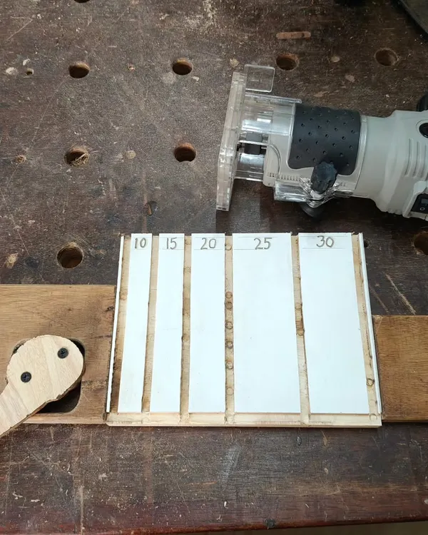 This is a cam-based clamping system I made for use with a router. I'm using it here with a V-bit to carve out slots for a nail sorting tray.