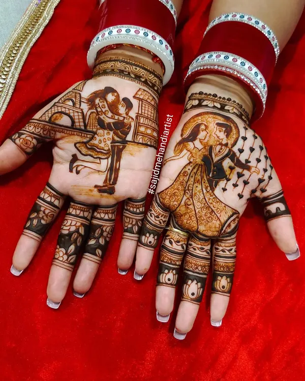 A perfect example of modern personalization. This bride wanted to include her love for travel and romance, so I created custom portraits of the couple in Paris and dancing, making her mehandi truly unique.