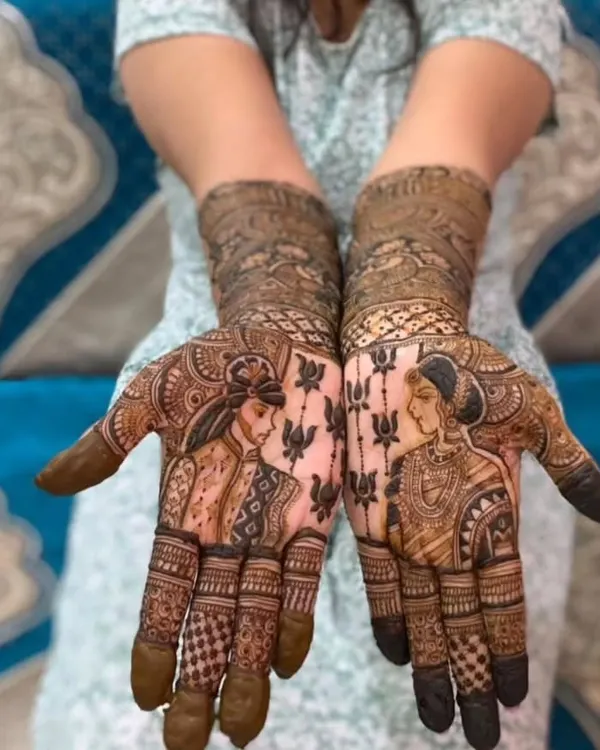 I love bringing your love story to life through mehendi. This custom bridal henna features beautiful portraits of the bride and groom, making it a truly one of a kind design.