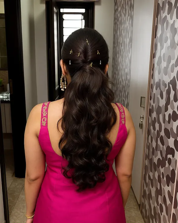 This half-tied wavy hairstyle is elevated with a simple twist and delicate golden pins. It's a perfect example of a soft, festive look that you can learn to create for pre-wedding events like a Haldi or Mehendi ceremony.