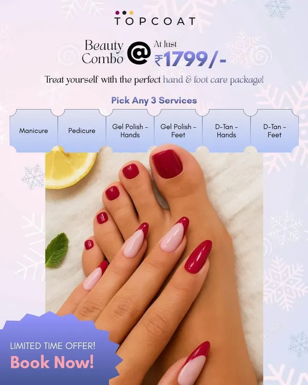 Our winter-themed Beauty Combo offer. This graphic details our special deal where you can pick any three services like manicure, pedicure, or gel polish for a pamper session.