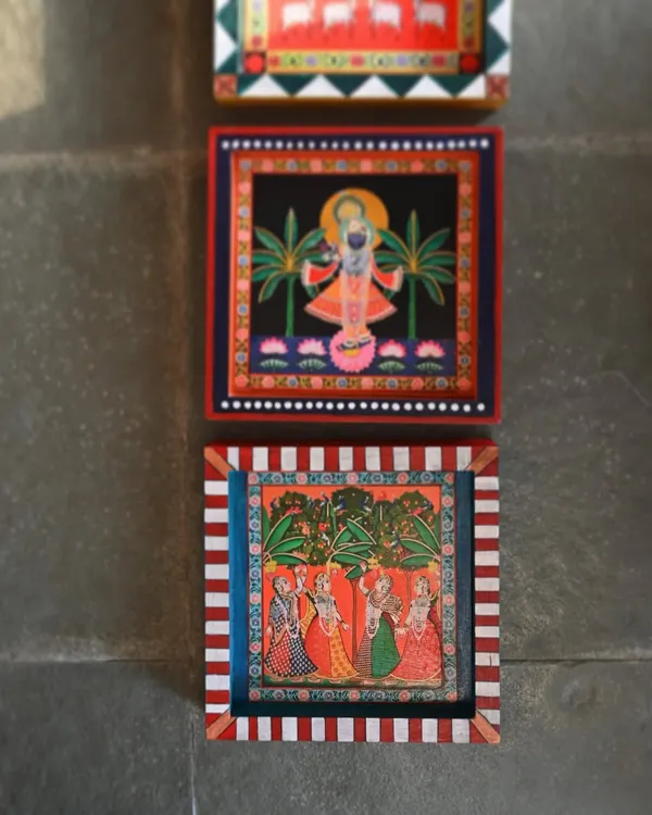 A set of three modular Pichwai blocks, designed to be stacked vertically. This format allows for a flexible and modern display of traditional art.