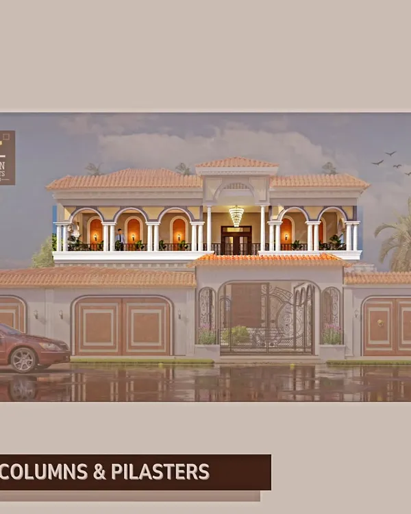 This classical home design features key elements like symmetry, ornate moldings, and a neutral color palette. This image highlights the use of columns and pilasters, which add a touch of Greco-Roman grandeur.