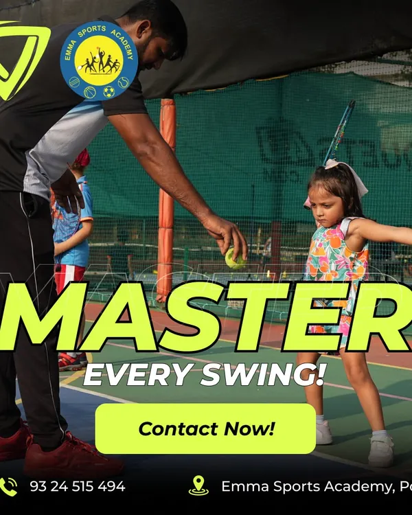 Our Mini Tennis program is designed to make learning fun. In this photo, a coach at our Powai academy patiently guides a young girl, helping her understand the grip and motion for a perfect swing, building a strong foundation for her tennis journey.