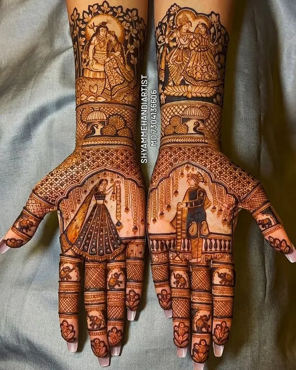 A complete bridal mehandi set featuring detailed portraits of Radha and Krishna, along with traditional wedding scenes, covering both hands from fingertips to elbow.