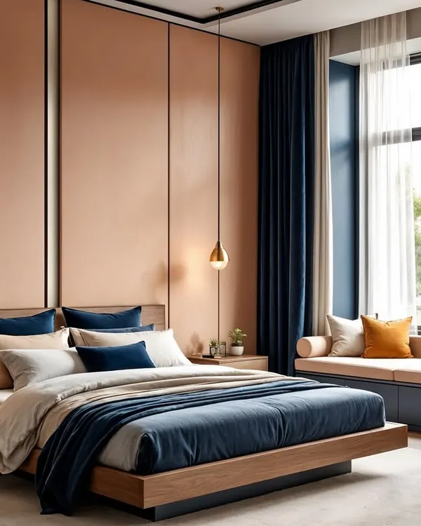 A perfect blend of Peach Fuzz and Midnight Blue. This bedroom concept shows how contrasting colors can create a harmonious and luxurious feel. The window seat provides a cozy nook for reading or enjoying the view.