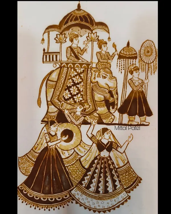 A practice piece of a royal 'baraat' (groom's procession) scene, inspired by the work of master artists. This showcases my ability to create complex, multi-figure compositions.