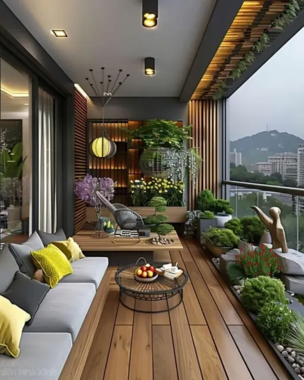 We designed this expansive balcony as a luxurious outdoor lounge, featuring a custom wooden deck and a large sectional sofa. The integrated multi-level planter system along the railing creates a lush, green perimeter without sacrificing the stunning city view.