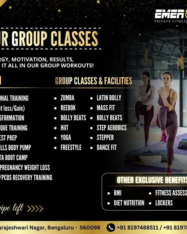 Energy, motivation, and results. You'll find it all in our group workouts. This graphic lists our diverse offerings, from Zumba and Bolly Beats to HIIT and Yoga, along with other benefits like BMI analysis and diet nutrition support.