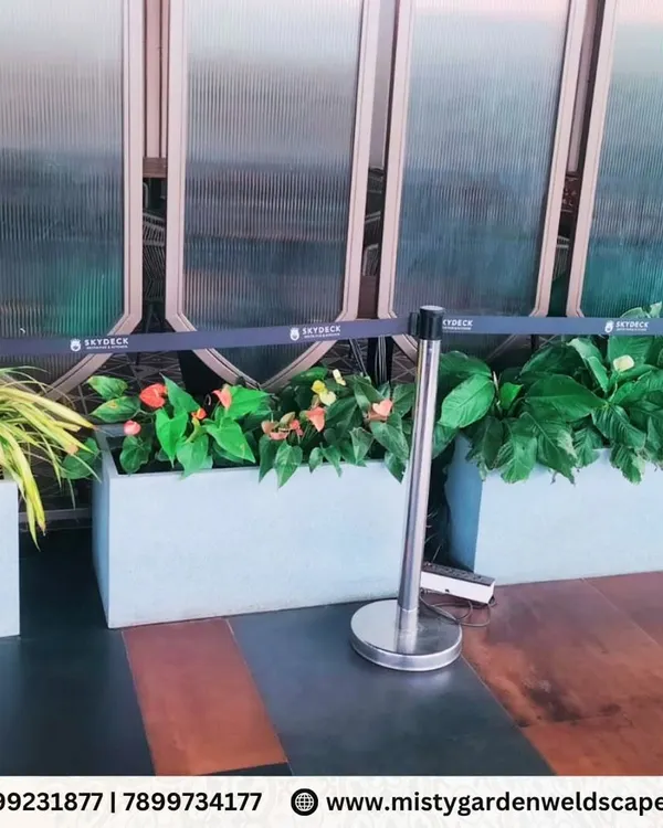 For the entrance at Skydeck, RR Nagar, we used modern, rectangular planters with a mix of flowering and foliage plants to create a vibrant and welcoming first impression for visitors.