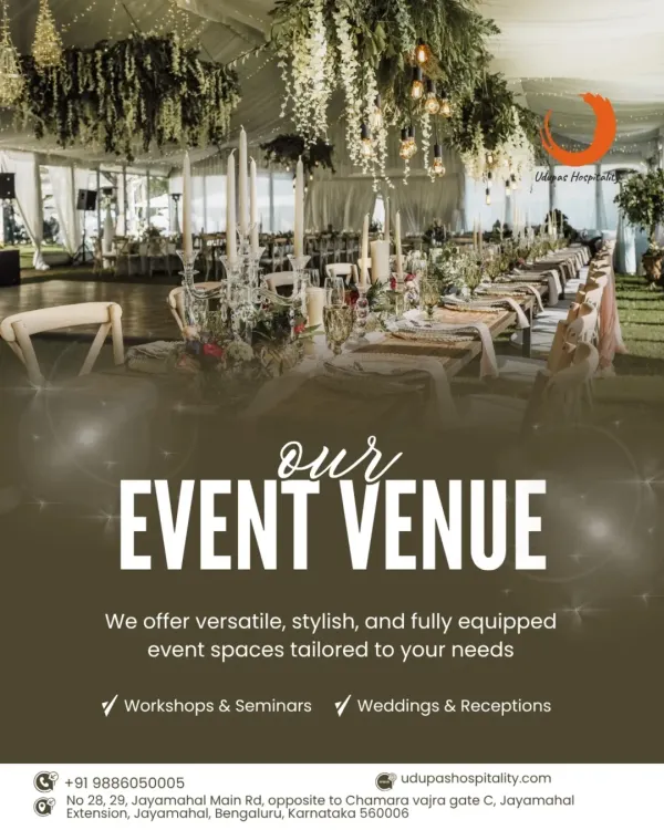 We believe a welcoming space is not just seen, it is felt. This elegant outdoor dining setup, with cascading floral decor and ambient lighting, is designed to create an atmosphere of calm sophistication for weddings and exclusive receptions.