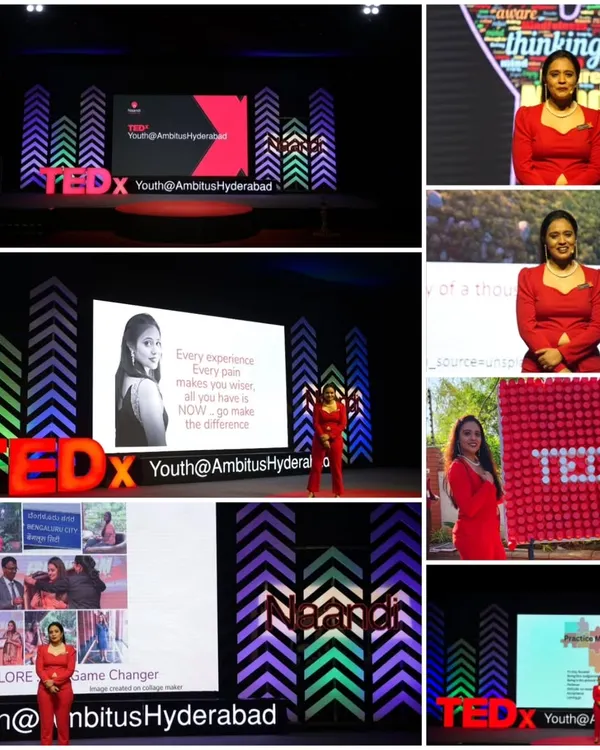 A collage from my TEDx Youth talk at Ambitus Hyderabad. Every time I step on stage, I bring stories from my own path to empower the next generation of game-changers and leaders.
