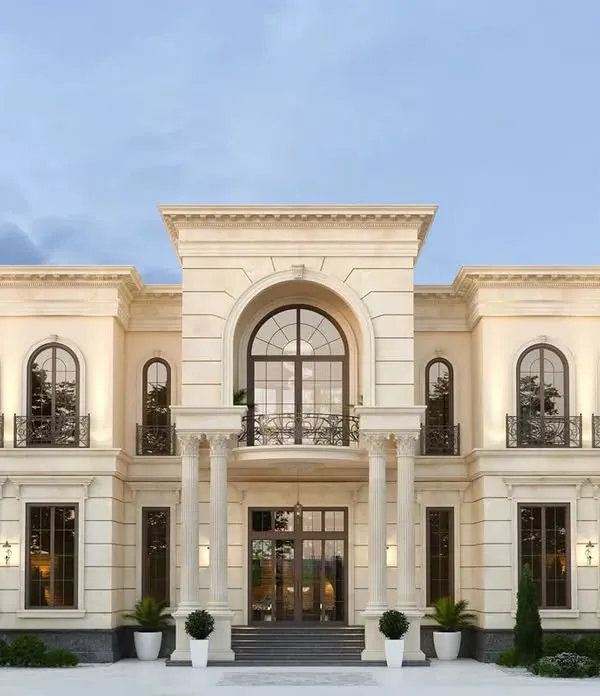 The grand facade of a neo-classical bungalow we designed and built in Chattarpur, New Delhi. This project showcases our expertise in turnkey construction, delivering stately homes with intricate architectural details and a commanding presence.