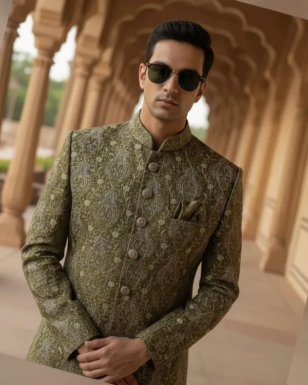 A closer look at the intricate silver and gold threadwork on our olive green sherwani. The craftsmanship is exceptional, giving the piece a subtle shimmer and a truly regal feel.
