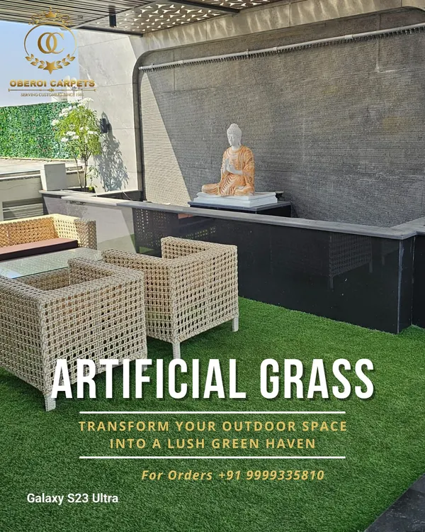 This is a perfect example of a complete terrace makeover. I used my high-density artificial turf to create a soft, inviting lawn area that is completely pet-safe and kid-friendly. It provides a beautiful green contrast to the stone water feature.