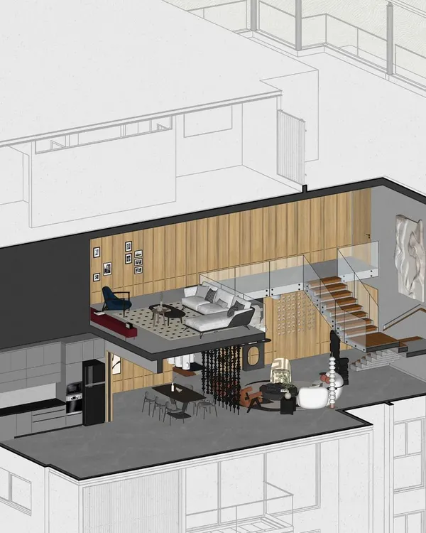 An axonometric drawing of the Renaissance Bellevue penthouse. This type of visualization helps us and our clients understand the spatial relationships and flow within a multi-level home.