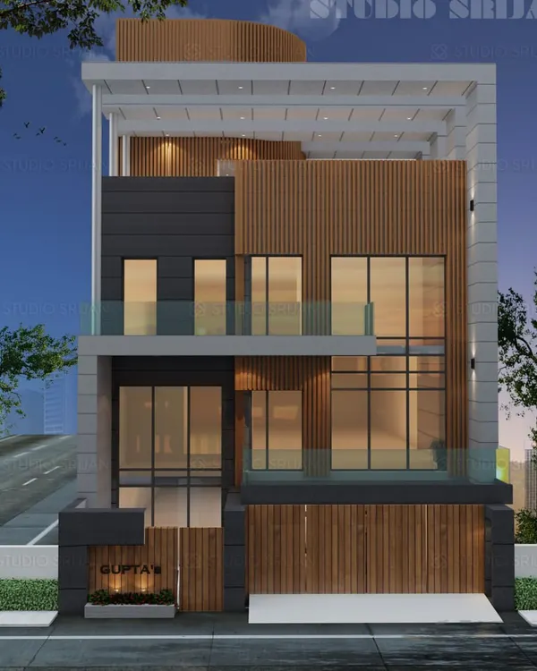 The 3D render for a project in Pitampura, showcasing a modern facade with a dynamic interplay of wood, dark panels, and large glass windows. This was our blueprint for the build.