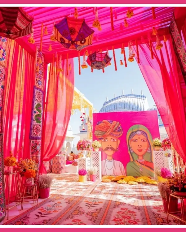 For a Rajasthani Mela theme, I created this vibrant entrance with bright pink drapes, traditional painted umbrellas, and custom artwork, instantly transporting guests to Rajasthan.