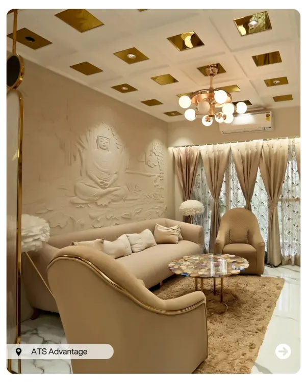 Welcome to a space designed for peace and elegance. This living room, with its serene Buddha-themed 3D wall and luxurious neutral tones, is a perfect example of how I blend your spiritual side with modern, high-end design. It’s more than a room; it’s a sanctuary.