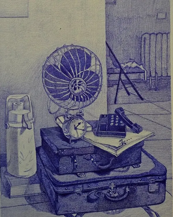 This finished still life, created entirely with a ballpoint pen, showcases exceptional skill in capturing light, shadow, and texture on various objects.