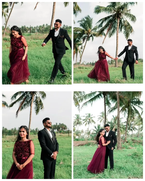 A collage from a pre-wedding shoot in a vibrant green field with palm trees, showing a mix of playful, walking, and classic posed portraits.