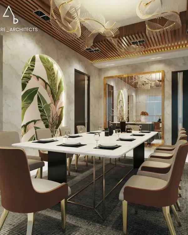 This formal dining space is defined by its luxurious details. A slatted wood ceiling adds warmth, while custom leaf-like chandeliers create a dramatic focal point above the marble dining table, perfect for hosting memorable dinners.