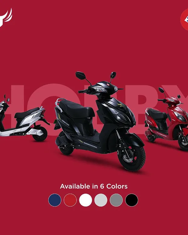 A graphic for SES Electric's "Hobby" scooter, showcasing three of the available colors, all shot individually on our white cyclorama.
