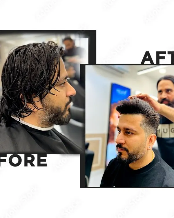 A picture is worth a thousand words. This before and after shows the power of a good haircut, transforming overgrown hair into a sharp, voluminous style with a clean fade.