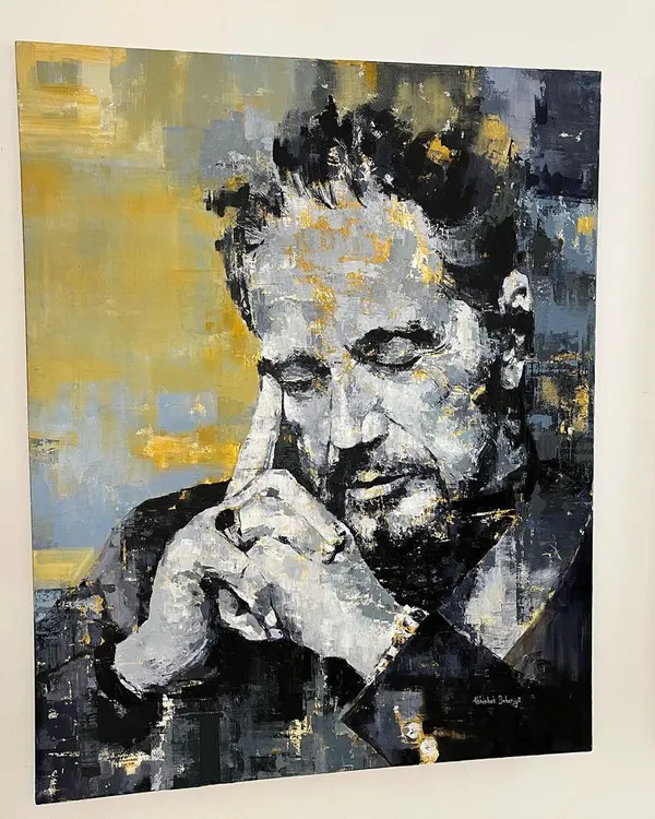 A portrait of Al Pacino, titled 'Plato’s Discourse'. I used acrylic on a 5x4 feet canvas, focusing on a monochromatic palette with gold leaf accents to capture his contemplative intensity. This is a great example of a statement piece for a study or office.