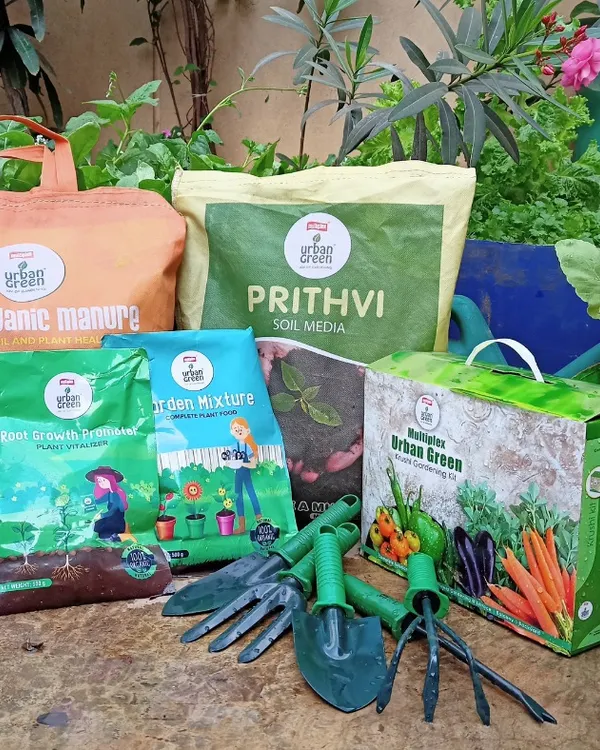 This is our complete organic gardening solution in one picture. From our nutrient-rich Prithvi Soil Media and Bio-Organic Manure to our beginner-friendly Krushi Gardening Kit and essential tools, we provide everything your urban garden needs to flourish.