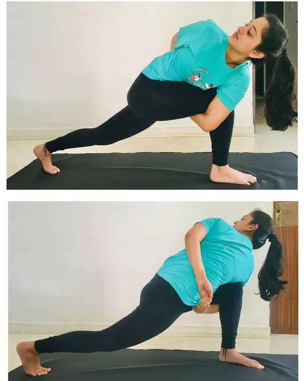 This is Parivrtta Parsvakonasana (Revolved Side Angle Pose). The twisting action contracts and stimulates abdominal organs, aiding digestion and directing blood flow to the spinal region.