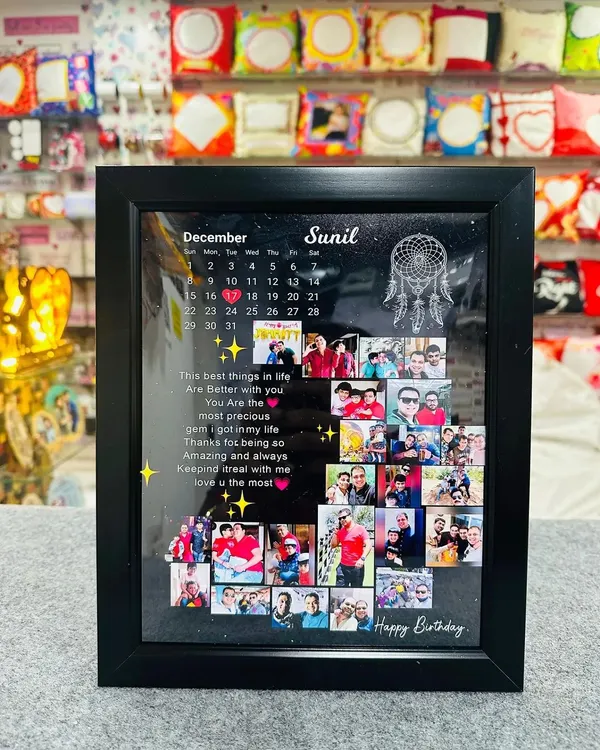 This birthday-themed frame is one of my most popular designs. It holds up to 20 photos and includes a calendar, a personal message, and the recipient's name for a truly comprehensive gift.