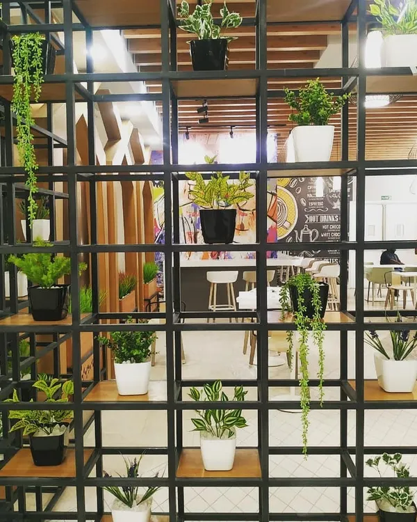 In this restaurant project, I used a custom black metal grid shelf as a stylish divider. By filling it with a variety of small potted plants and hanging vines, it separates the space while maintaining an open, airy, and green atmosphere.