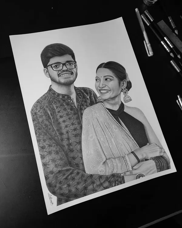 A classic black and white couple portrait for a client from my hometown, Banswara. I focused on the intricate patterns of their traditional wear using Brustro fine art graphic pencils.