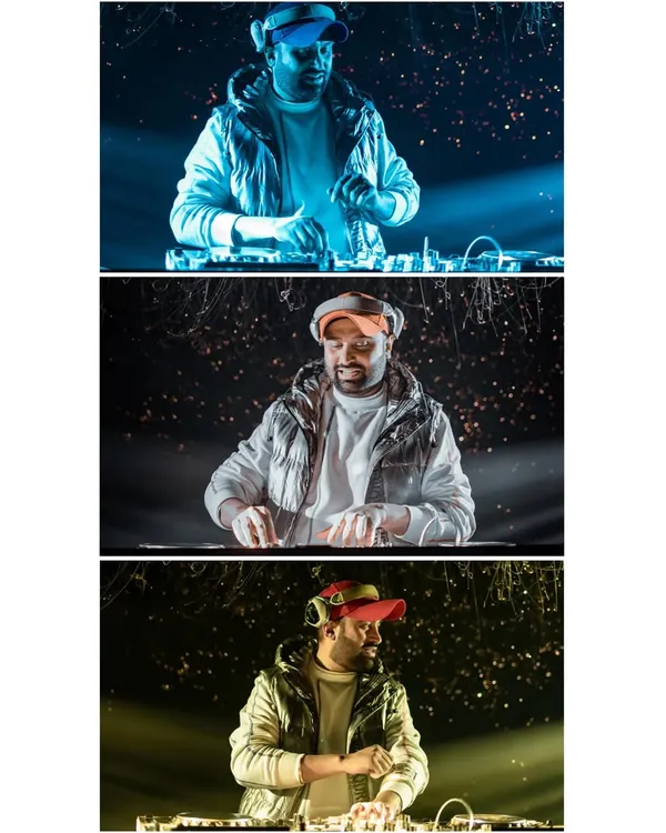 A triptych of professional portraits showing different sides of my persona as a DJ, from focused to interactive. This is me, ready for any event.
