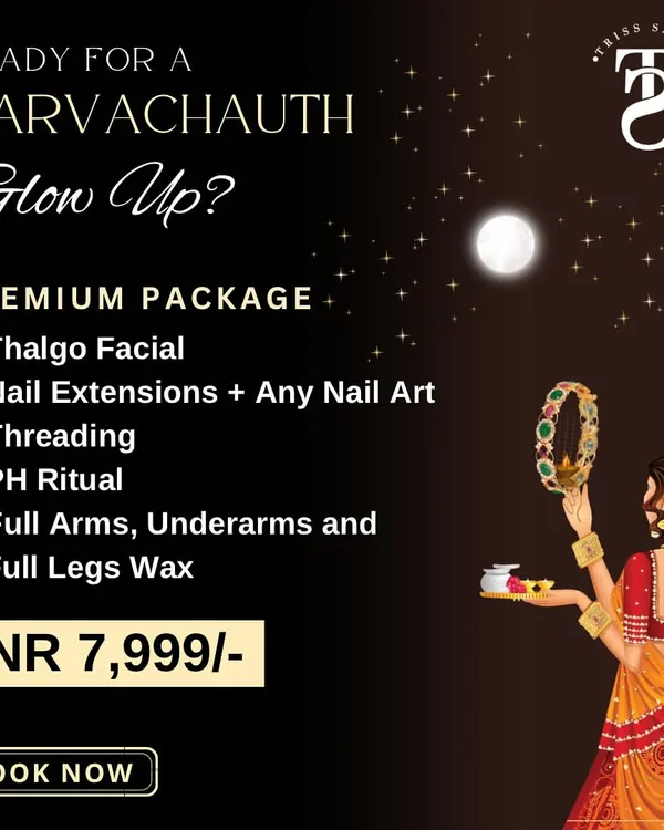My Premium Karvachauth Package is the ultimate indulgence. It includes a luxurious Thalgo Facial, nail extensions with custom art, a PH Ritual for your hair, and full body waxing to ensure you shine the brightest.