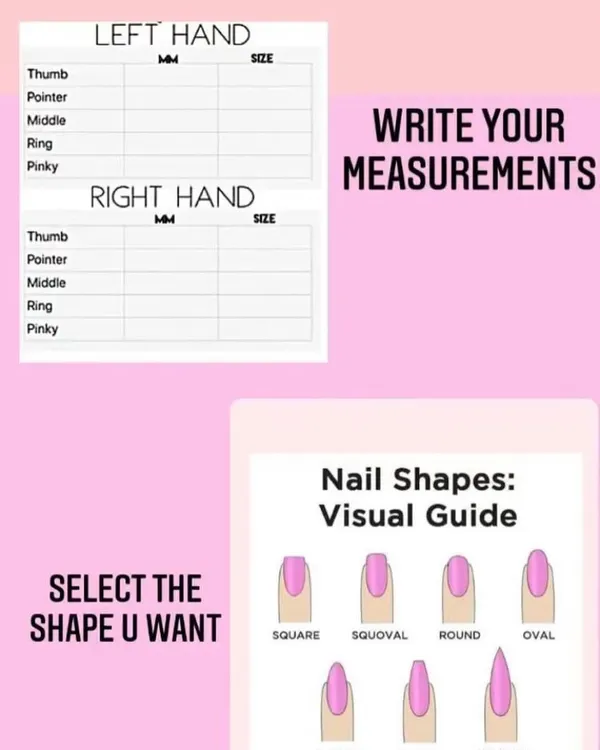 Here is a simple guide to getting your measurements for custom press-on nails. You can write down your measurements for each finger and select your desired nail shape from my visual guide.