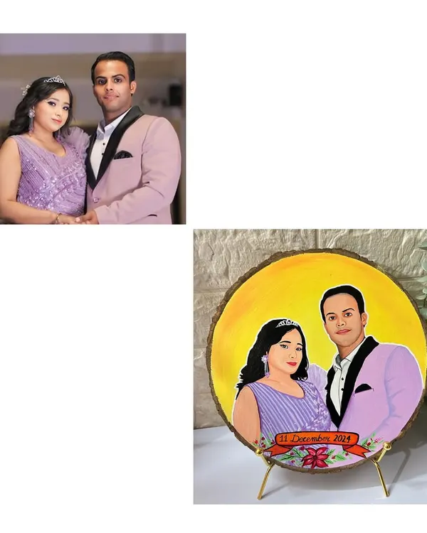 A side-by-side look at the original photo and the final hand-painted portrait on a wood slice. I focused on capturing their matching lavender outfits and the happy moment, set against a bright yellow background.