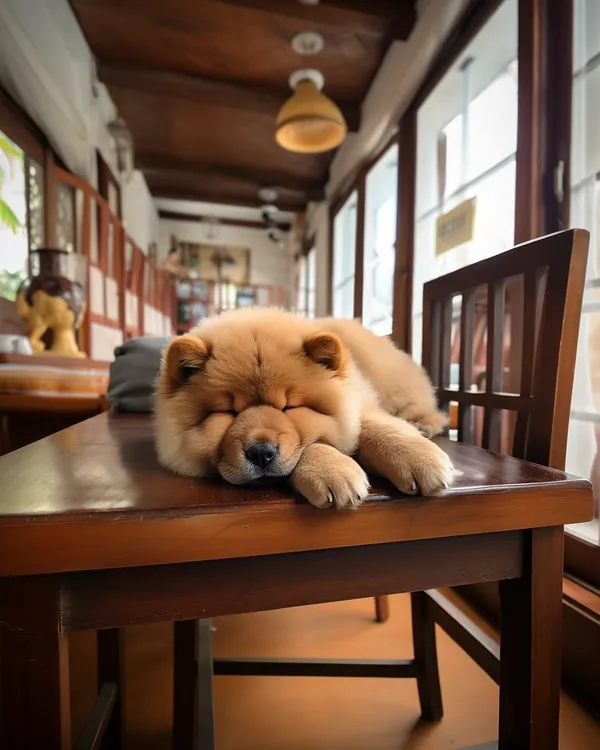 Nap time is the best time. This fluffy Chow Chow puppy has claimed a comfy wooden chair for an afternoon snooze.