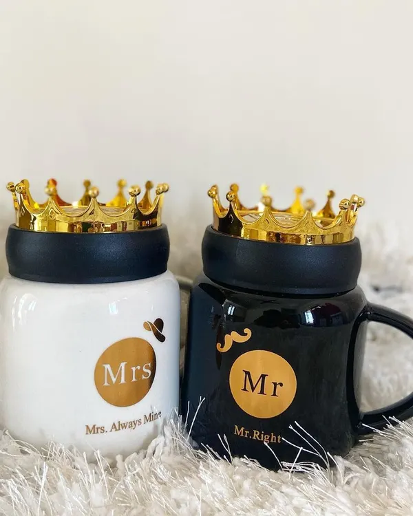 Our royal "Mr. Right" and "Mrs. Always Mine" mugs are a customer favorite. Each mug comes with a golden crown lid, making it a fun and regal gift for weddings, anniversaries, or engagements.