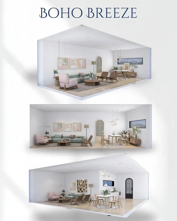 An introduction to our 'Boho Breeze' design series, showcasing isometric views of a living and dining space with a subtle, raw, and elegant theme.