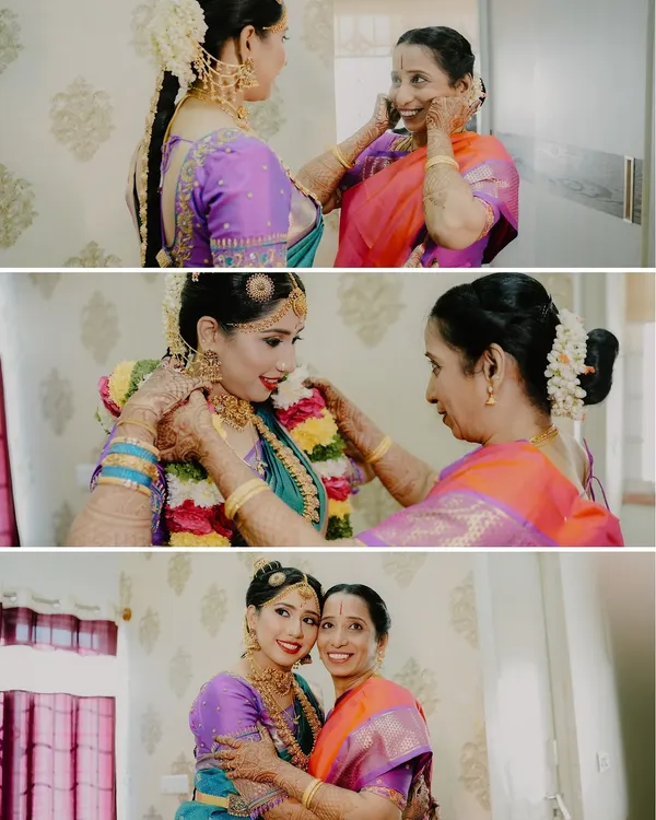 A beautiful collage of a bride and her mother sharing precious moments while getting ready. The hug, the shared smiles, and the adjustments to the jewelry tell a story of love and support.