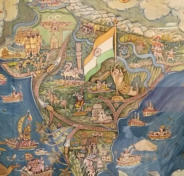 A close-up of our visionary painting of India. The presence of Elon Musk is symbolic, representing futuristic thinking and technological progress alongside India's deep-rooted spiritual traditions.