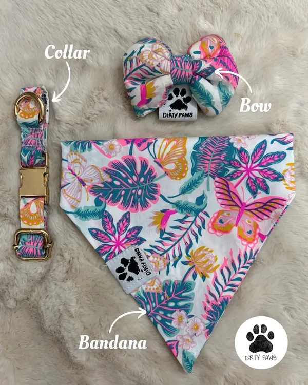 This tropical print set includes a collar, a matching bandana, and a detachable bow. The vibrant colors are perfect for adding a pop of fun to your pet's wardrobe.