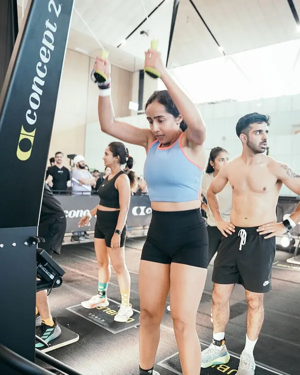 A shot of me on the SkiErg during a HYROX competition. This type of functional fitness blends strength and endurance, which is at the core of my training philosophy.