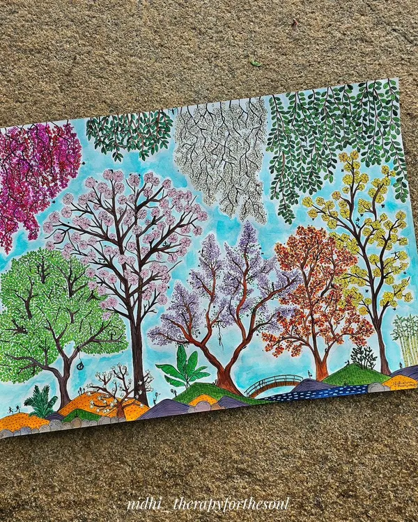 Inspired by the beautiful spring blooms of Bangalore, this painting is a tribute to my city. It captures the variety of trees like Jacaranda and Gulmohar, filled with tiny details of life enjoying nature.